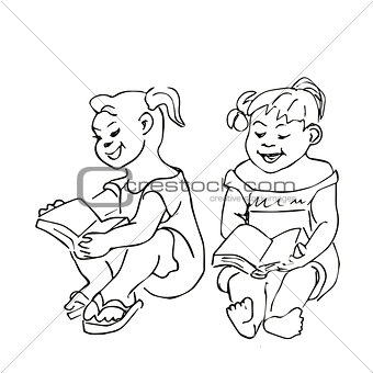 Small Girls sitting and reading a book