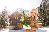 Woman with Christmas tree standing in front of mountain house