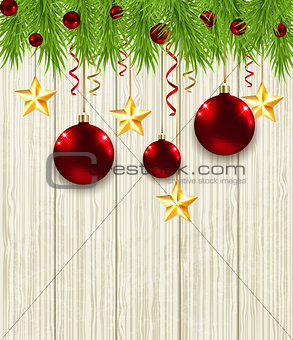 Fir branches, stars and red baubles