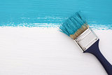 Stripe of turquoise paint with a paintbrush on white