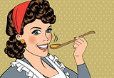 pop art retro woman with apron tasting her food