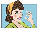 pop art cute retro woman in comics style with OK sign