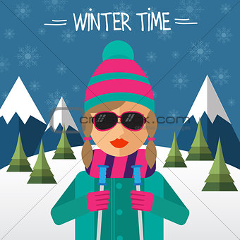 Hipster girl skier in flat style