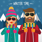 Hipster couple skiesr in flat style