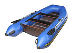 Blue inflatable boat with oars, plywood deck and seats.