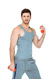 Sporty concept for young athlete with dumbbells