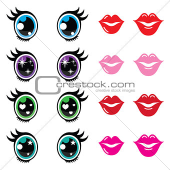 Kawaii cute eyes and lips icons set, Kawaii character