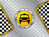 Taxi company advertising with metallic badge