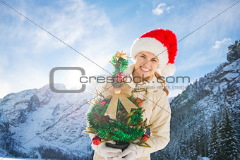 Smiling woman holding Christmas tree in the front of a mountains