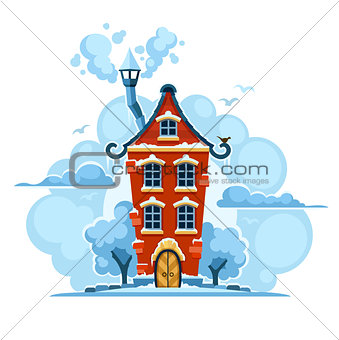 Winter fairy-tale house in snow with clouds