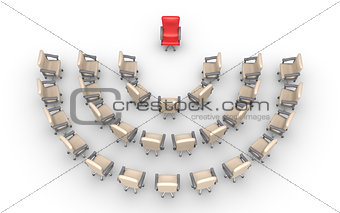 Empty chairs and one red