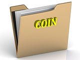 COIN- bright color letters on a gold folder 