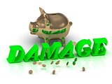 DAMAGE- inscription of green letters and gold Piggy 
