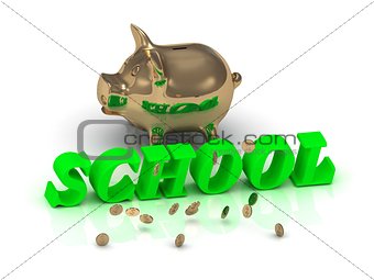 SCHOOL- inscription of green letters and gold Piggy 