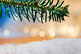 branch and artificial snow with bokeh lights