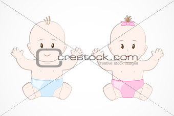 Cute smiling baby twins. Baby boy and girl sitting in a diaper. Vector Illustration