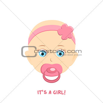 Cute baby girl portrait. Vector Illustration. Newborn with nipple.