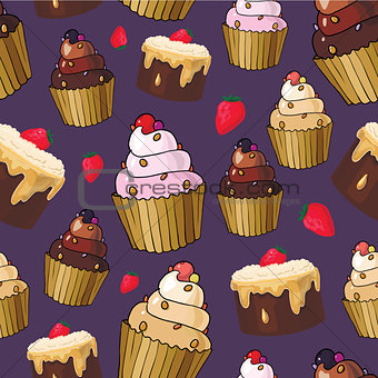 Seamless pattern with cherry cupcakes