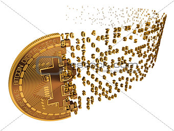 Bitcoin Falling Apart To Digits On White Background