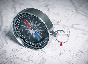 Compass Over Map And Red Pin