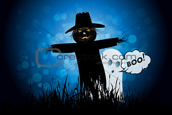 Halloween Background with Ghost and Scarecrow