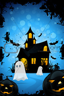 Halloween Background with Haunted House, Pumpkins and Ghosts