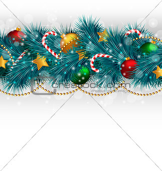 Christmas tree branches with adornments on grayscale