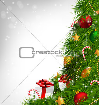 Christmas tree with adornments on grayscale