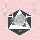 Hipster abstract background with deers antlers and roses label.