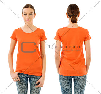 Serious woman with blank orange shirt