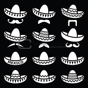 Mexican Sombrero hat with moustache or mustache white icons on black