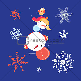 Beautiful snowman with snowflakes  
