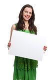 young beautiful woman in dress hold blank card