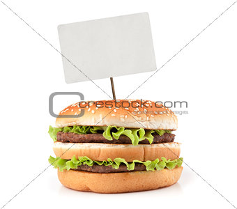 Tasty big hamburger with price tag