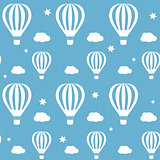 Vector seamless pattern whith white hot air balloons on the blue sky.