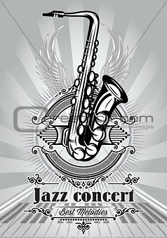 retro poster for jazz concert with saxophone and piano