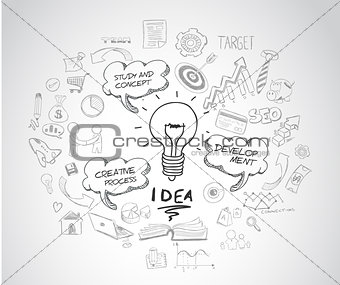 idea concept with light bulb and doodle sketches infographic