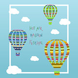 Coloorful hot air balloon in the cloudy sky. Vector illustration. 