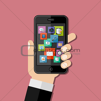 Hand holding smartphone. Flat design