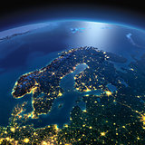 Detailed Earth. Europe. Scandinavia on a moonlit night