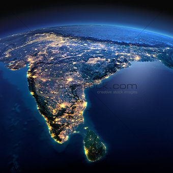 Detailed Earth. India and Sri Lanka on a moonlit night