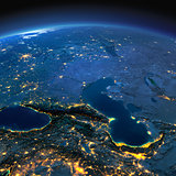 Detailed Earth. Caucasus and the Caspian Sea on a moonlit night