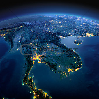 Detailed Earth. Indochina peninsula on a moonlit night