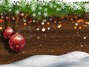 Christmas background with snow and hanging baubles