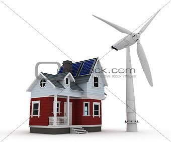 Solar panels on a house with wind turbine