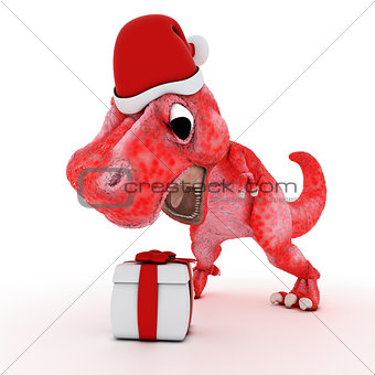 Friendly Cartoon Dinosaur with gift christmas box