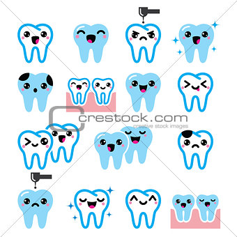 Kawaii Tooth , cute teeth characters - vector icons set