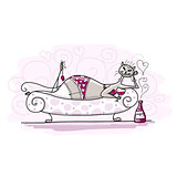 Pretty cat woman with wine on sofa, sketch for your design
