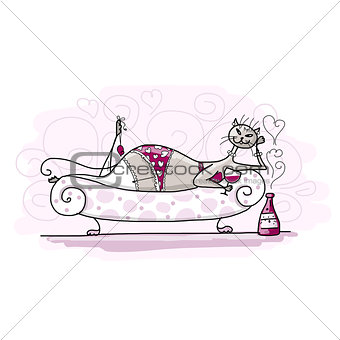 Pretty cat woman with wine on sofa, sketch for your design