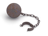 Rusty prison shackle with chain on white background